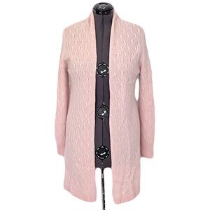 Cortland Park Cashmere Light Pink ‘Sophie’ Cable Knit Long Open Cardigan, Size M